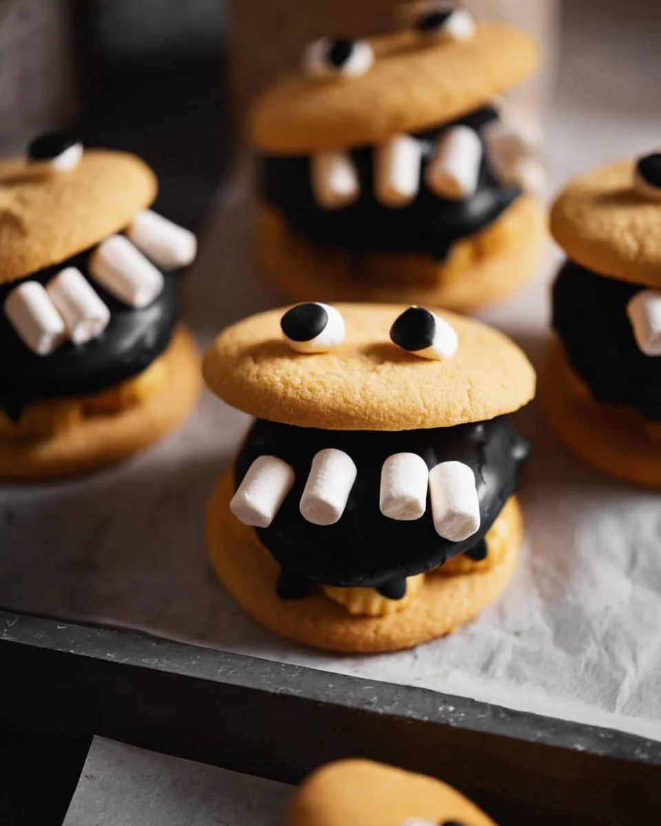A group of cookies with black frosting and marshmallows on them.