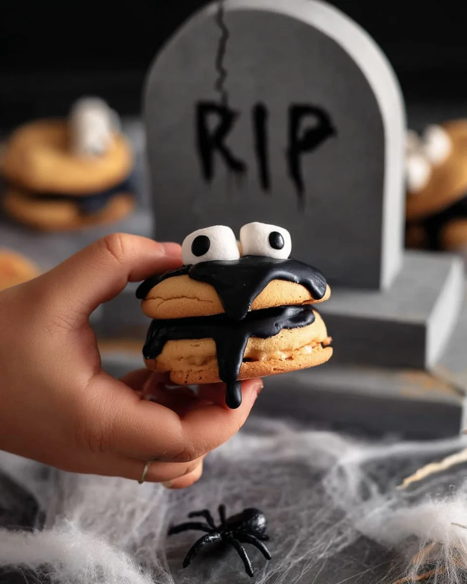 A hand holding a black and white smores sandwich with a tombstone.