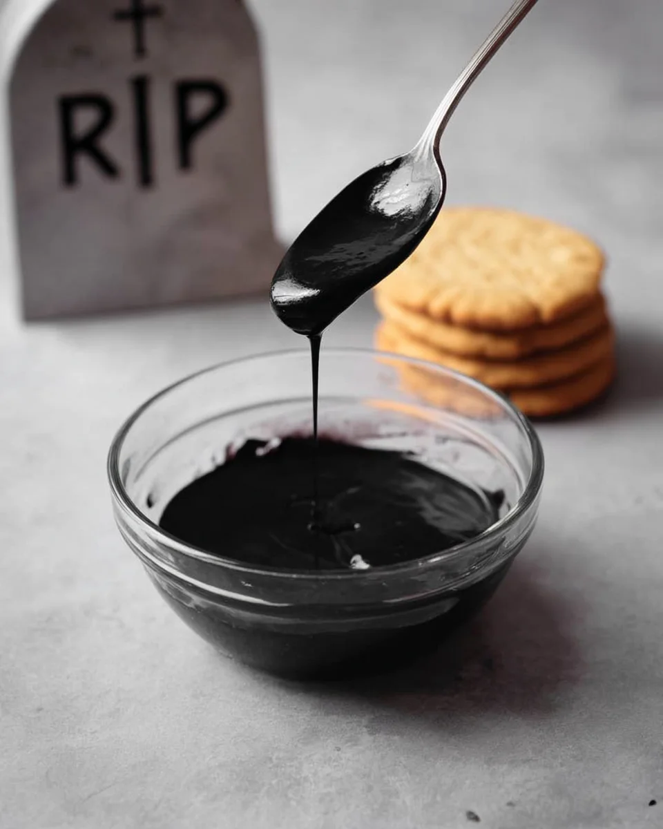 A person holding a spoon that's dripping black icing into a bowl.