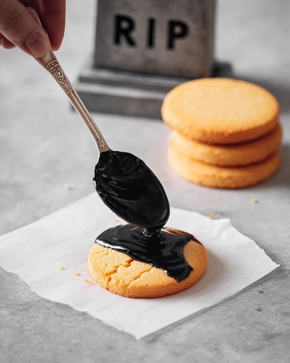 A person is dipping a spoon into a cookie with black icing.