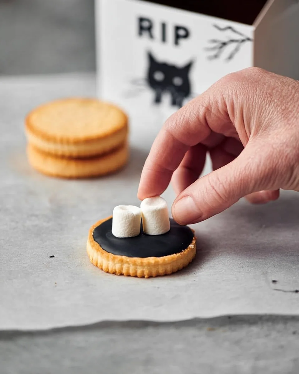 A person is putting marshmallows on a cookie.