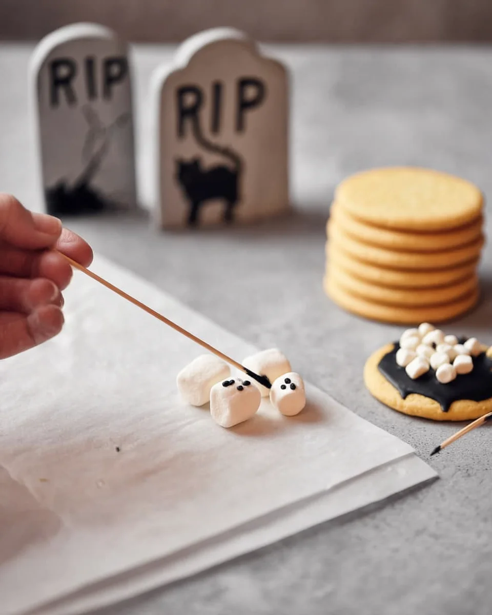 A person is putting black spots on marshmallows.