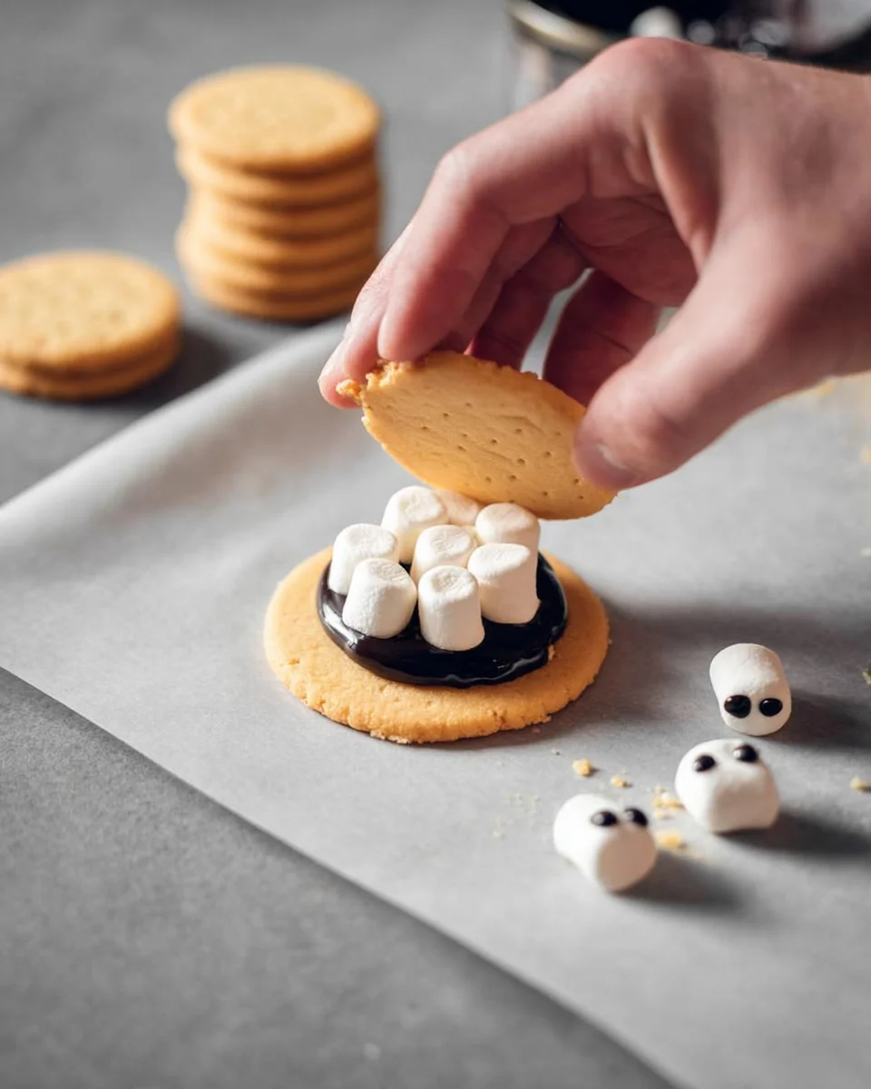 A person is putting the upper layer on a cookie lined with marshamallows.