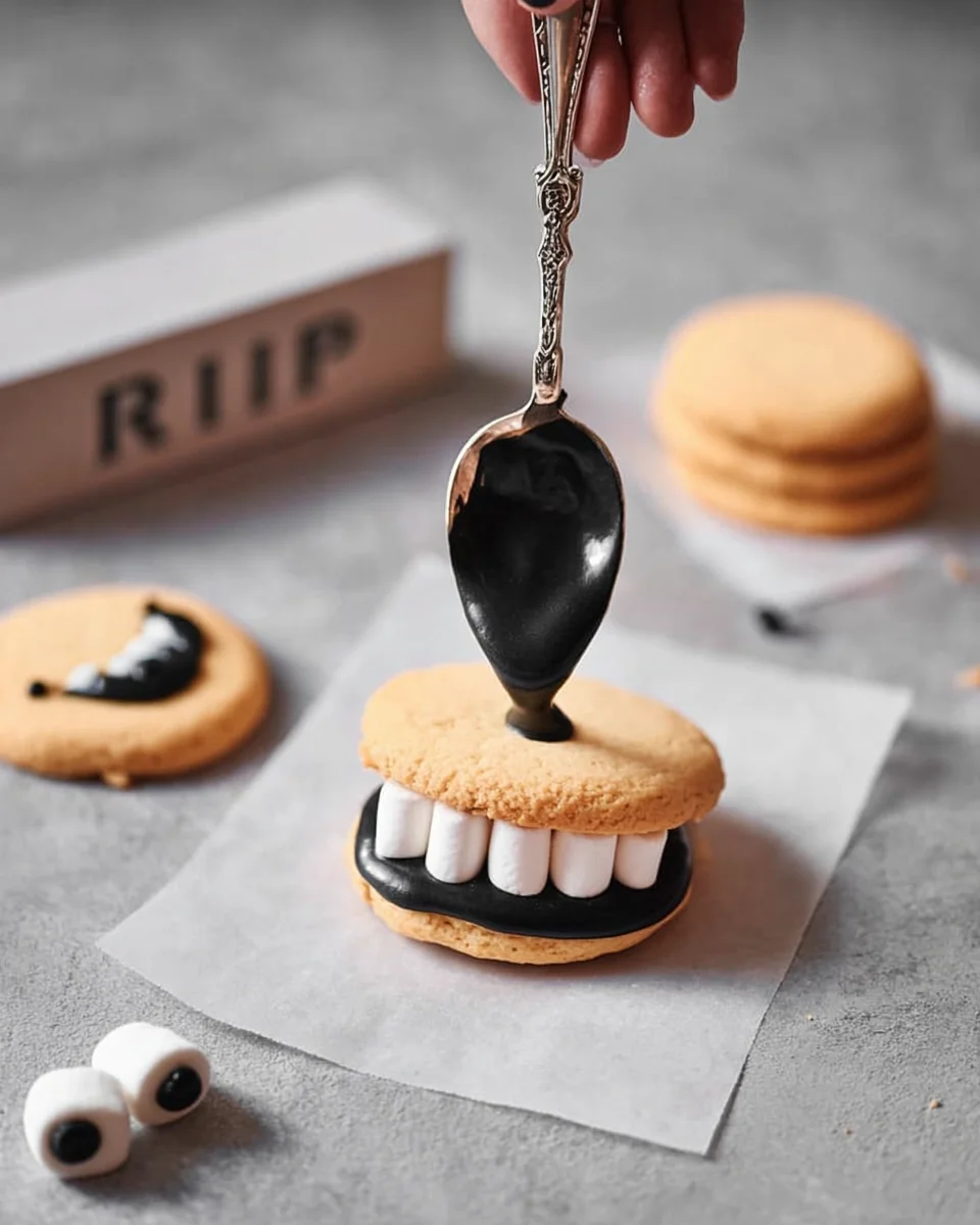 A person is pouring black icing on a cookie with a spoon.