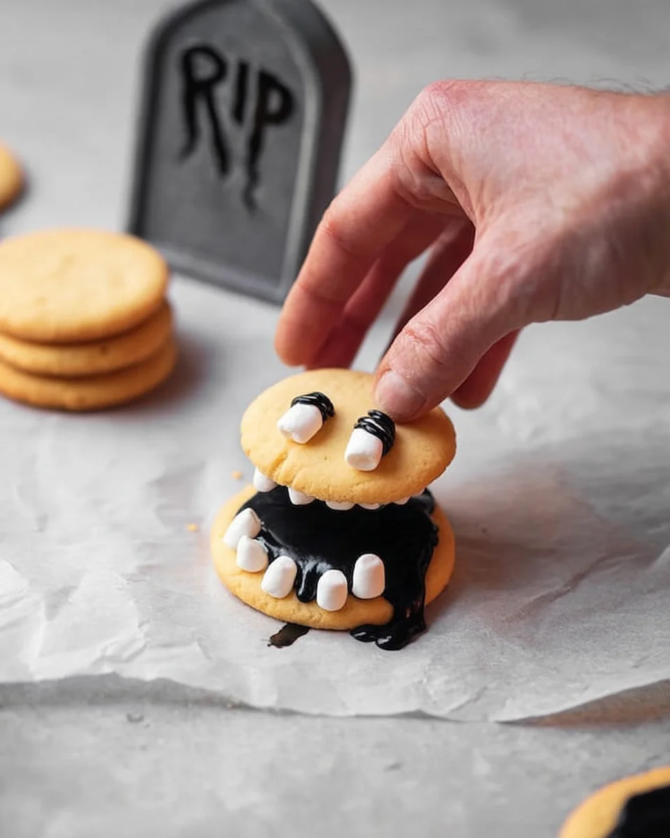 A person is placing marshmallow eyes on top of the cookie.