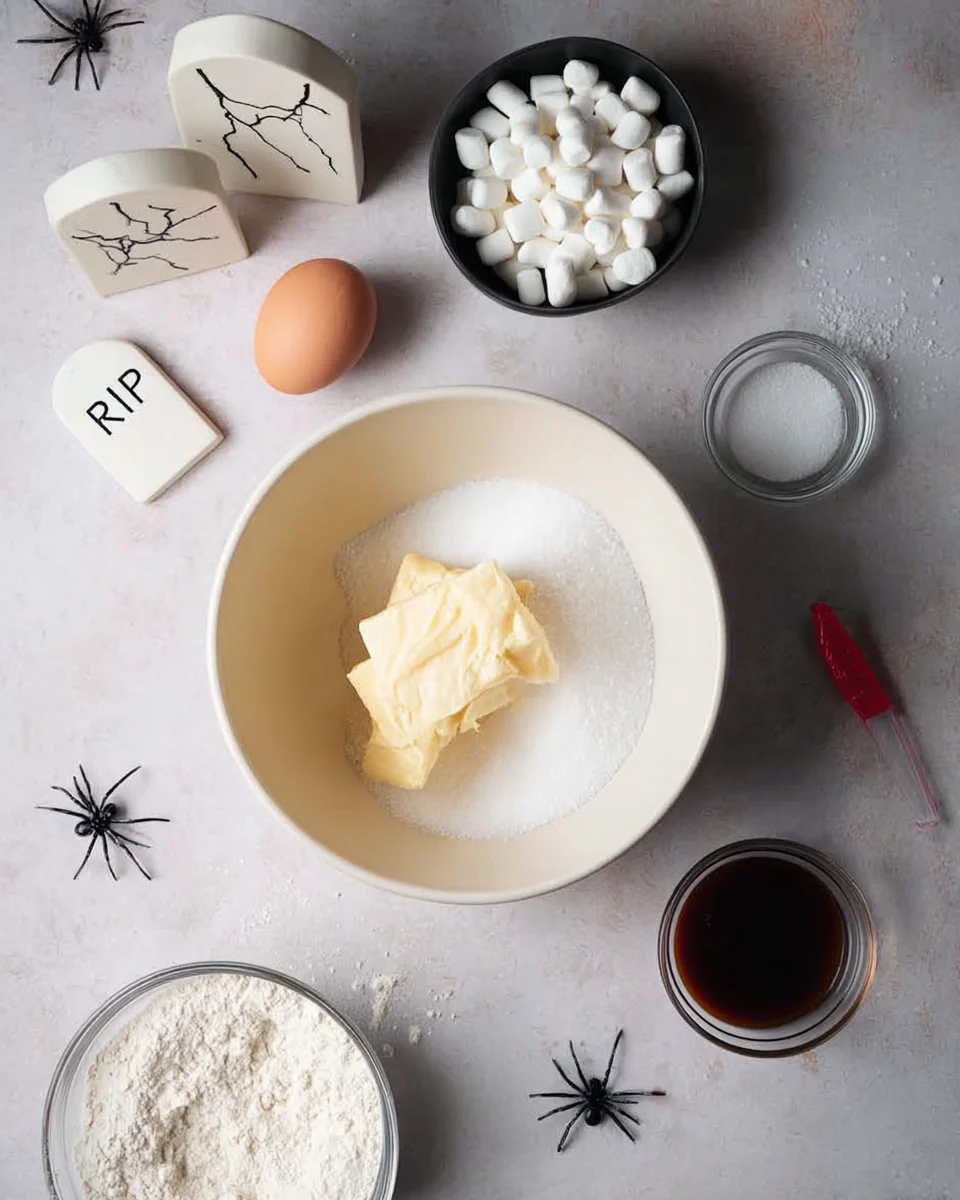 Ingredients for a halloween cookie on a table.