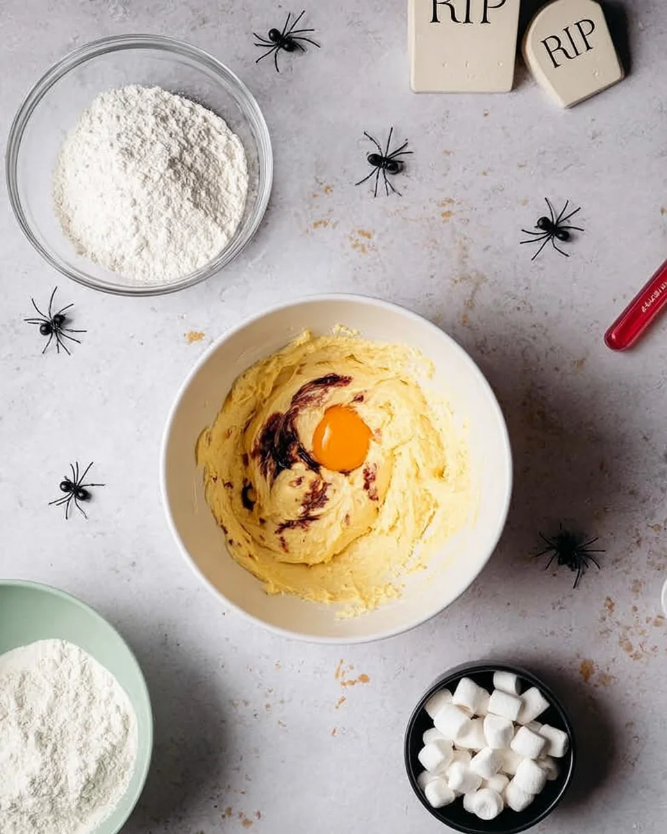 A bowl of butter, eggs and other ingredients on a table.