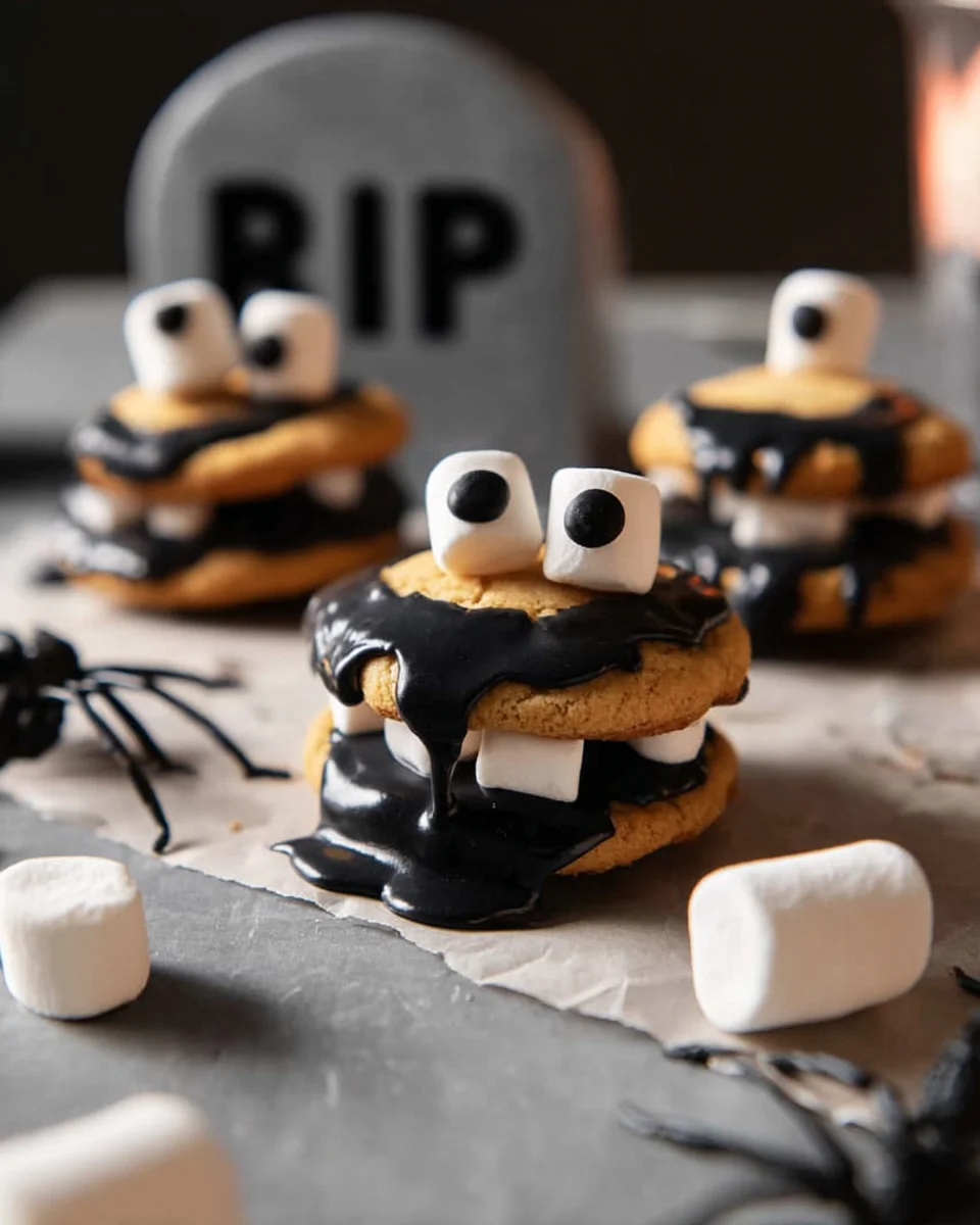 Halloween cookies with black frosting and marshmallows on a baking sheet.