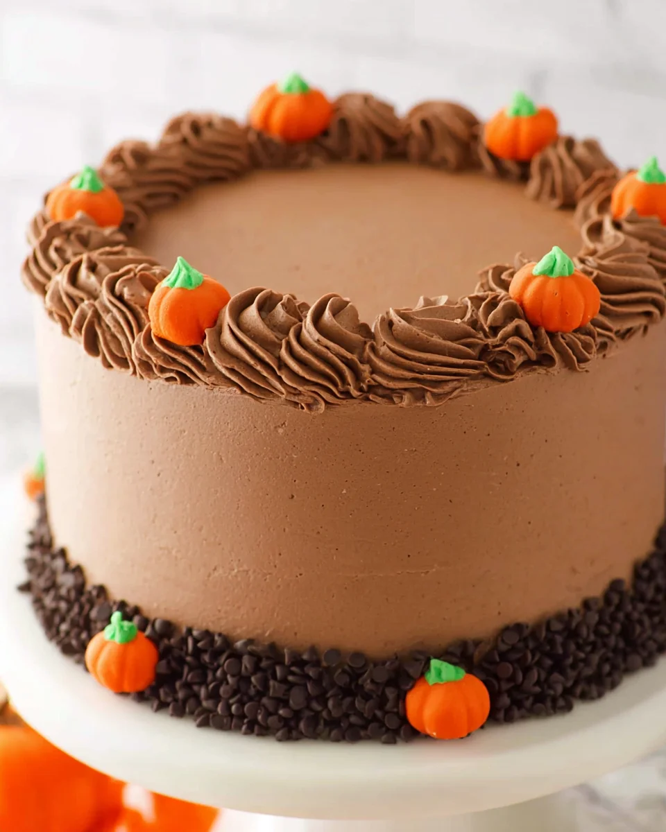 A decorated Chocolate Pumpkin Cheesecake Cake.