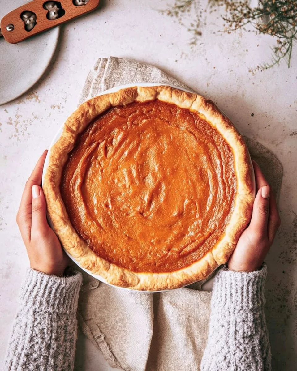 Someone holding a homemade sweet potato pie.
