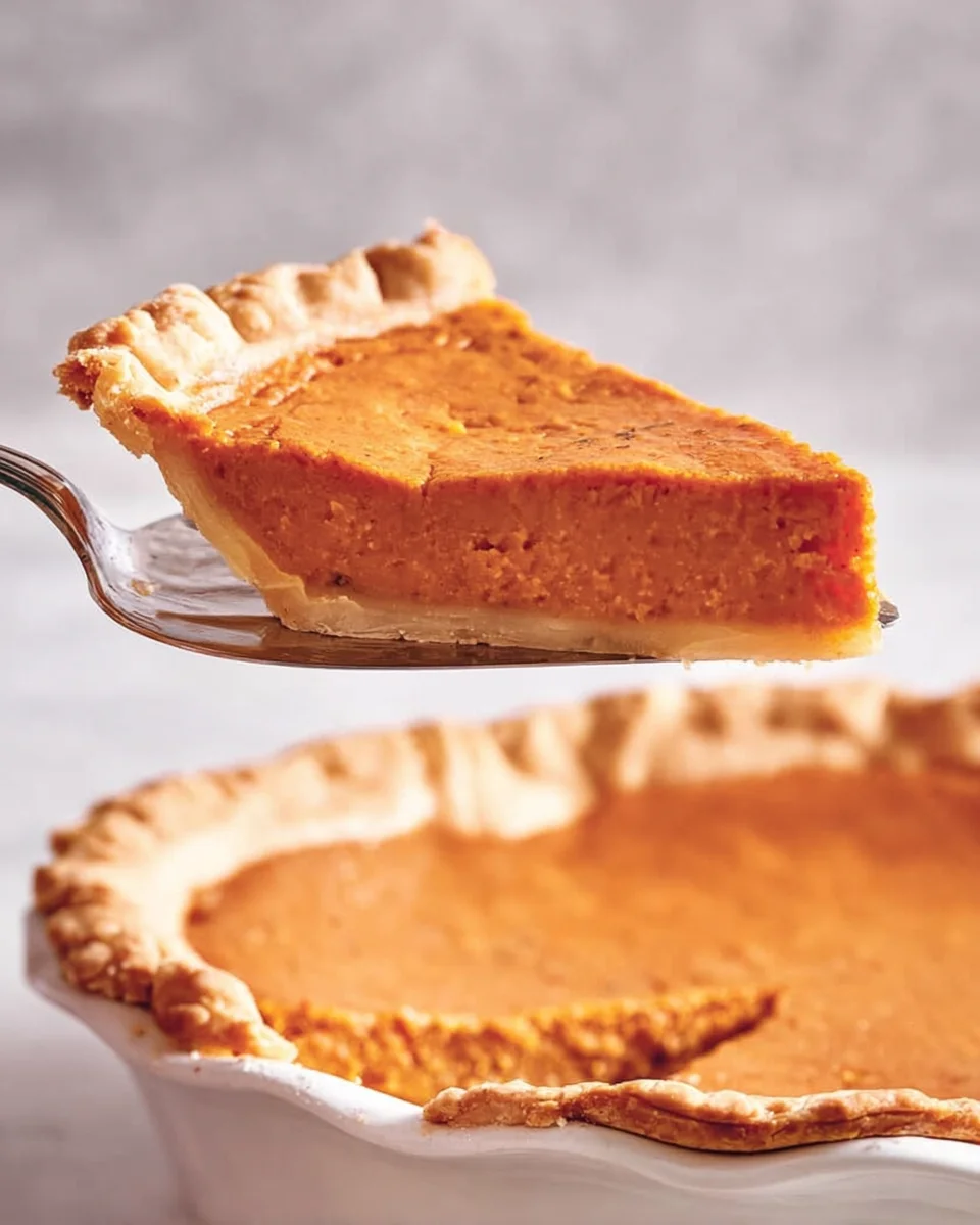 A slice of homemade sweet potato pie freshly cooked.