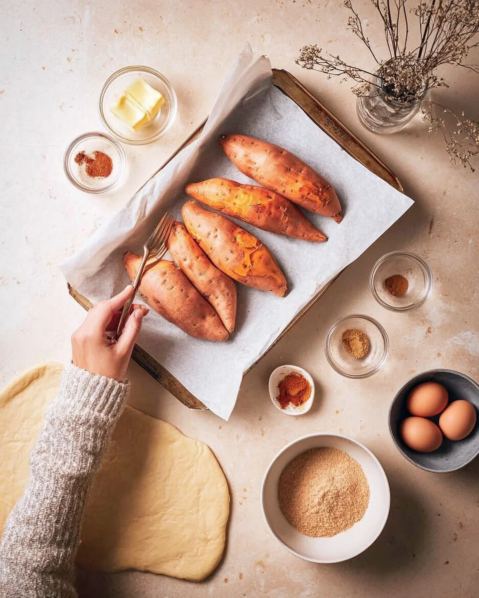 Someone pricking sweet potatoes with a fork.
