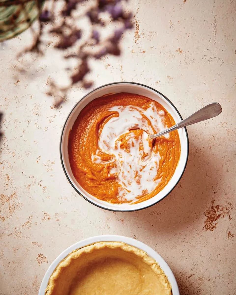 Adding half and half to pie filling.