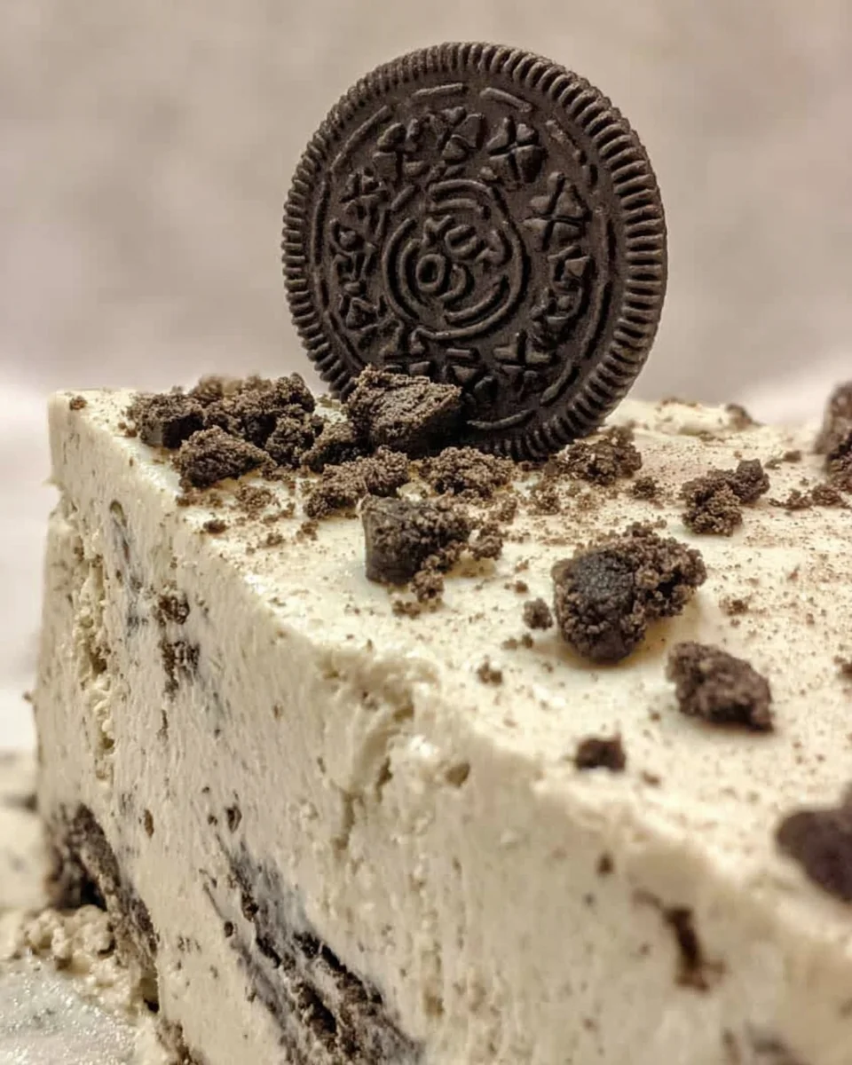 An Oreo cookie, standing in a slice of cheesecake.