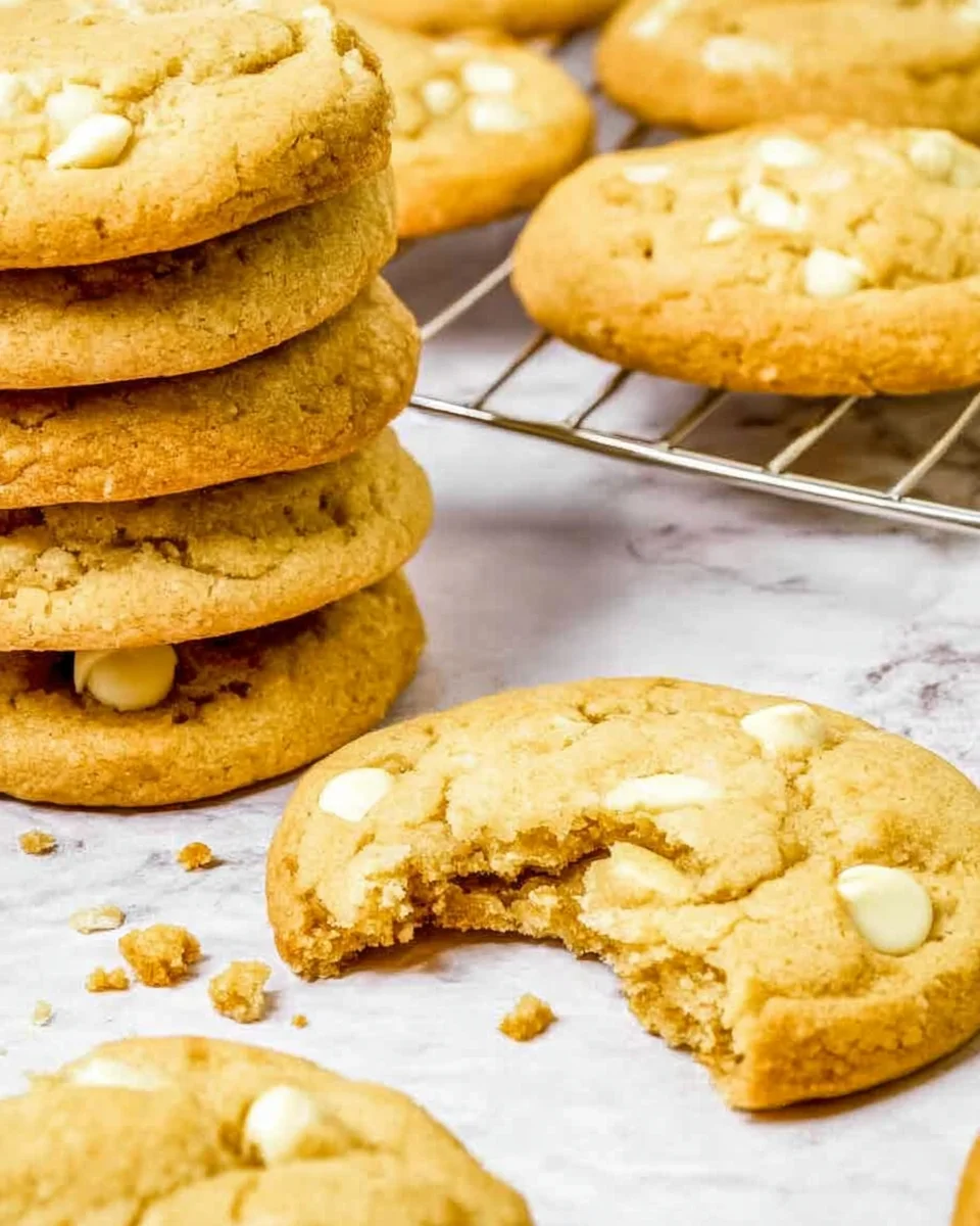 White chocolate chip cookies stacked up, some on a wore rack and one with a big bite out of it.