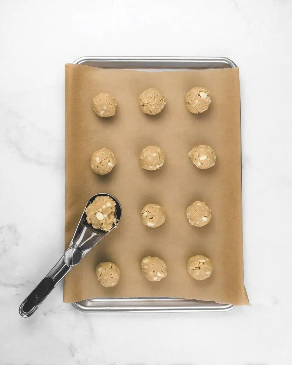 Cookie dough placed on a baking sheet.