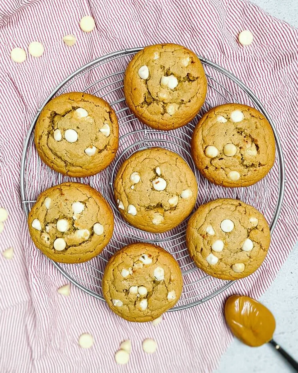 White chocolate chip cookies on a cooling rack.