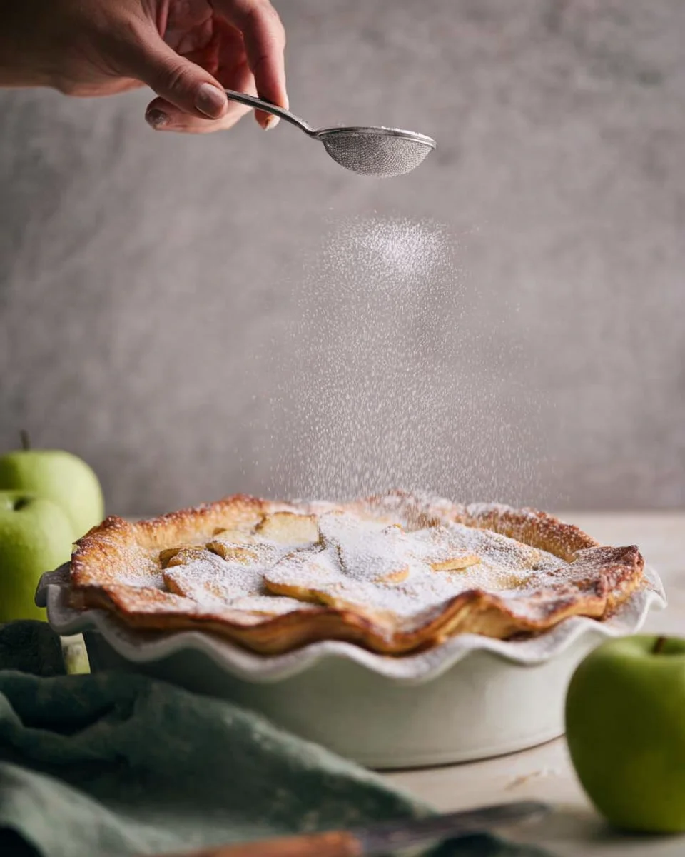 Someone sprinkling powdered sugar over an apple pie.
