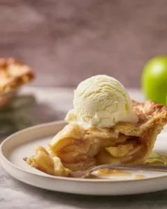 A slice of homemade apple pie with a serving of vanilla ice cream on top of the pie.