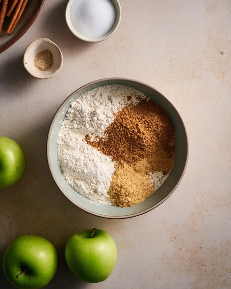Flour, sugar, brown sugar, cinnamon, and nutmeg in a mixing bowl.