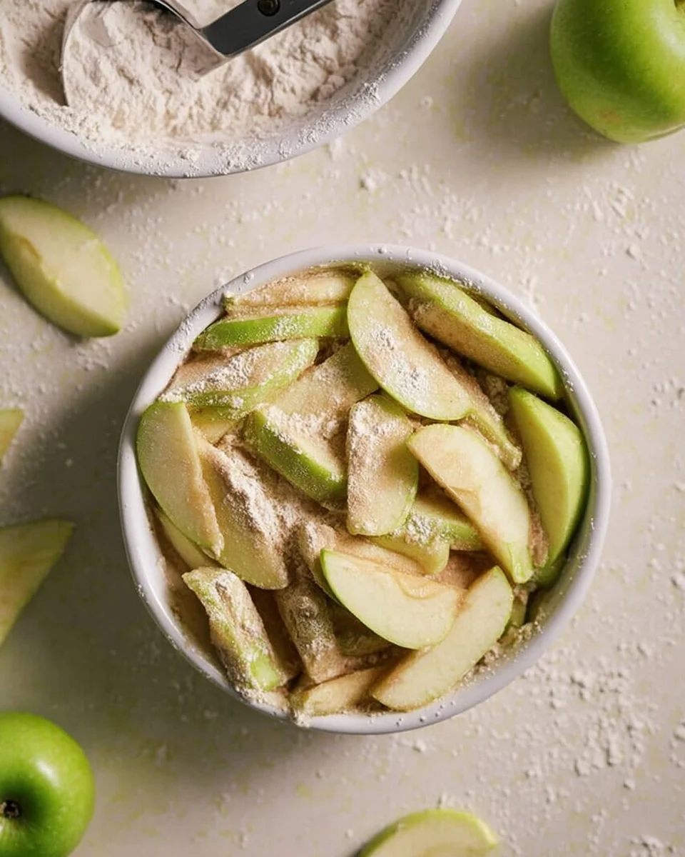 Apple slices tossed in flour mixture.