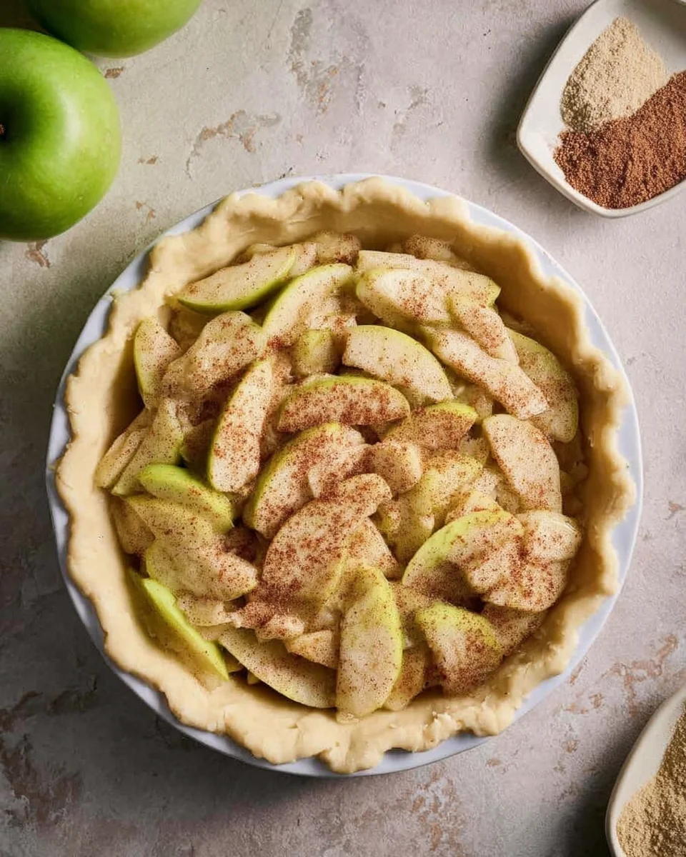 Spiced apple slices in the pie crust uncooked.