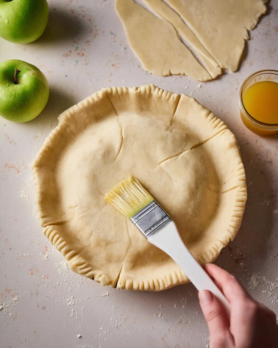 Pie crust on top and someone brushing with egg wash.