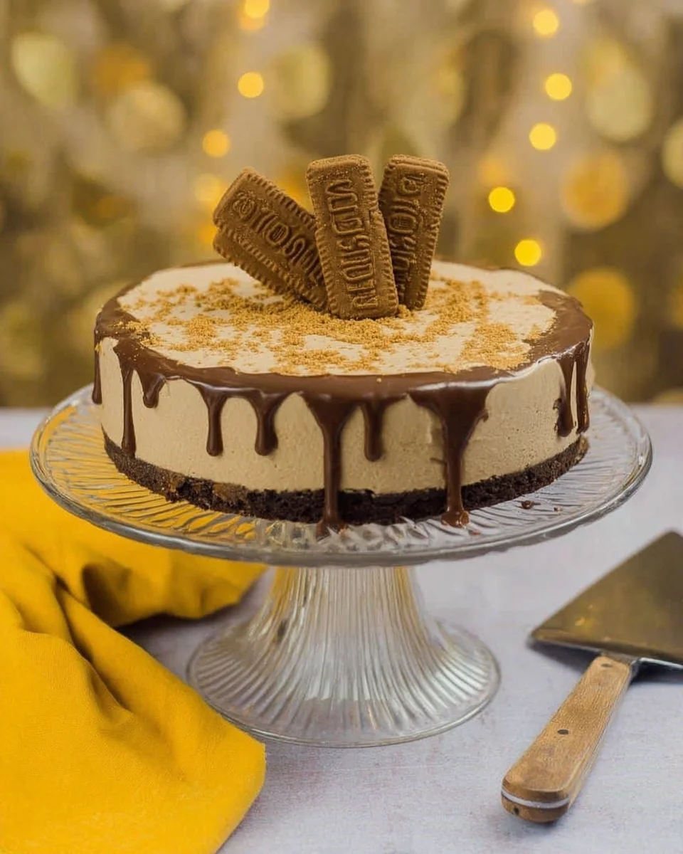 A delicious homemade cheesecake made with Biscoff spread, with a melted biscoff spread topping with biscuits and biscuit crumbs.