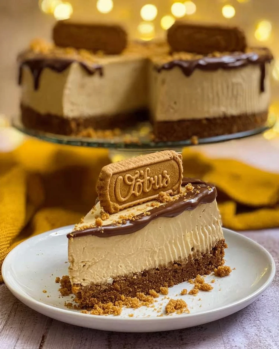 A slice of delicious cheesecake made with Biscoff on a plate with a fork and a cake stand behind it with the rest of the cheesecake on it.