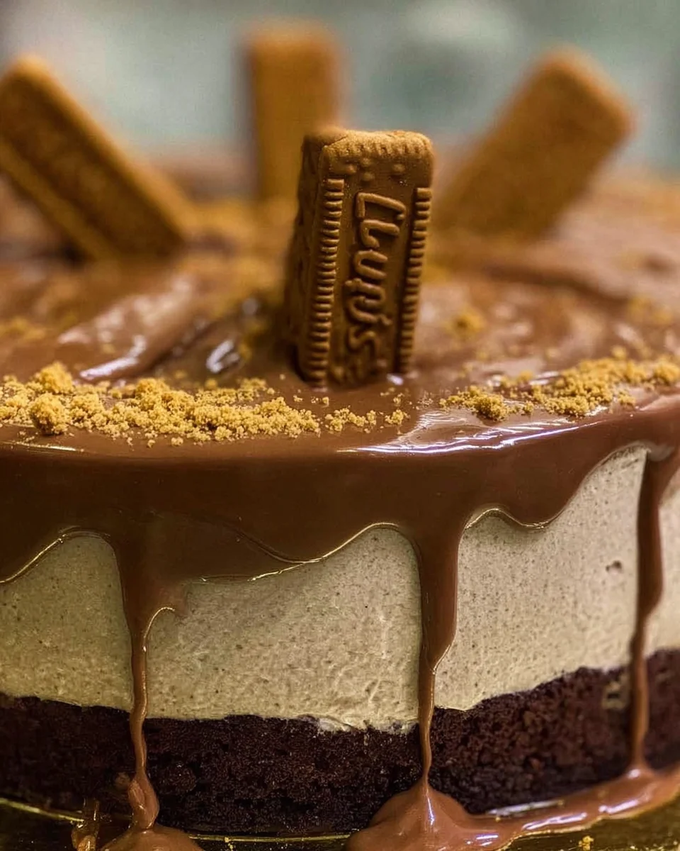Close up photo of a Biscoff cheesecake, with melted biscoff spread over the top and spilling down the sides, bscoff biscuit crumbs scattered over the top with three biscoff biscuits coming out of the center.