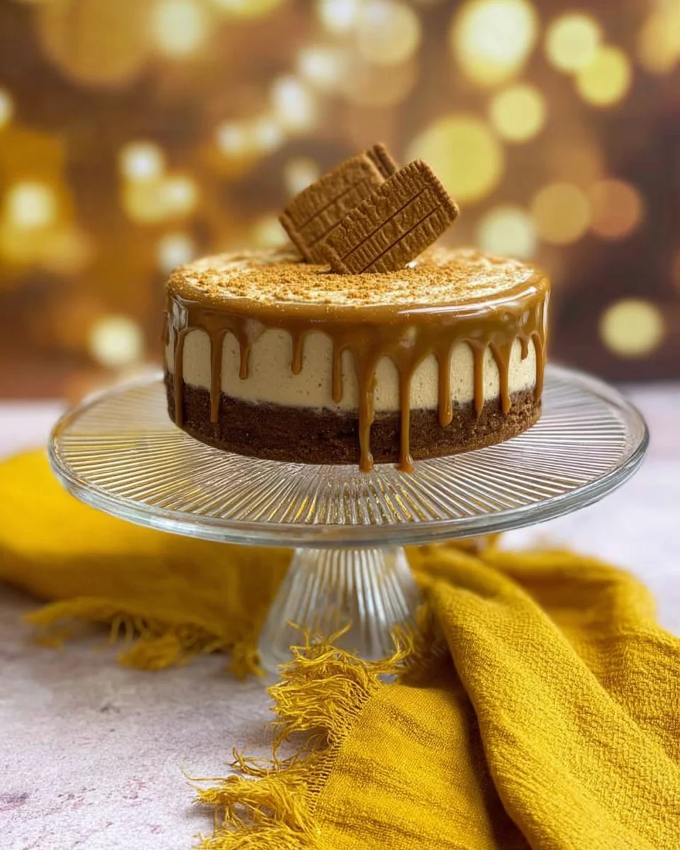 A Biscoff cheesecake on a cake stand, ready to eat.