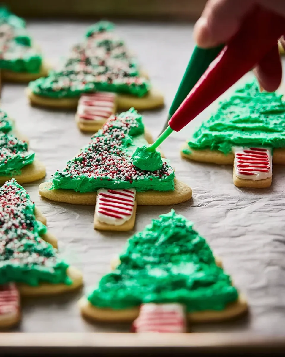 Piping icing on to a Christmas cookie.