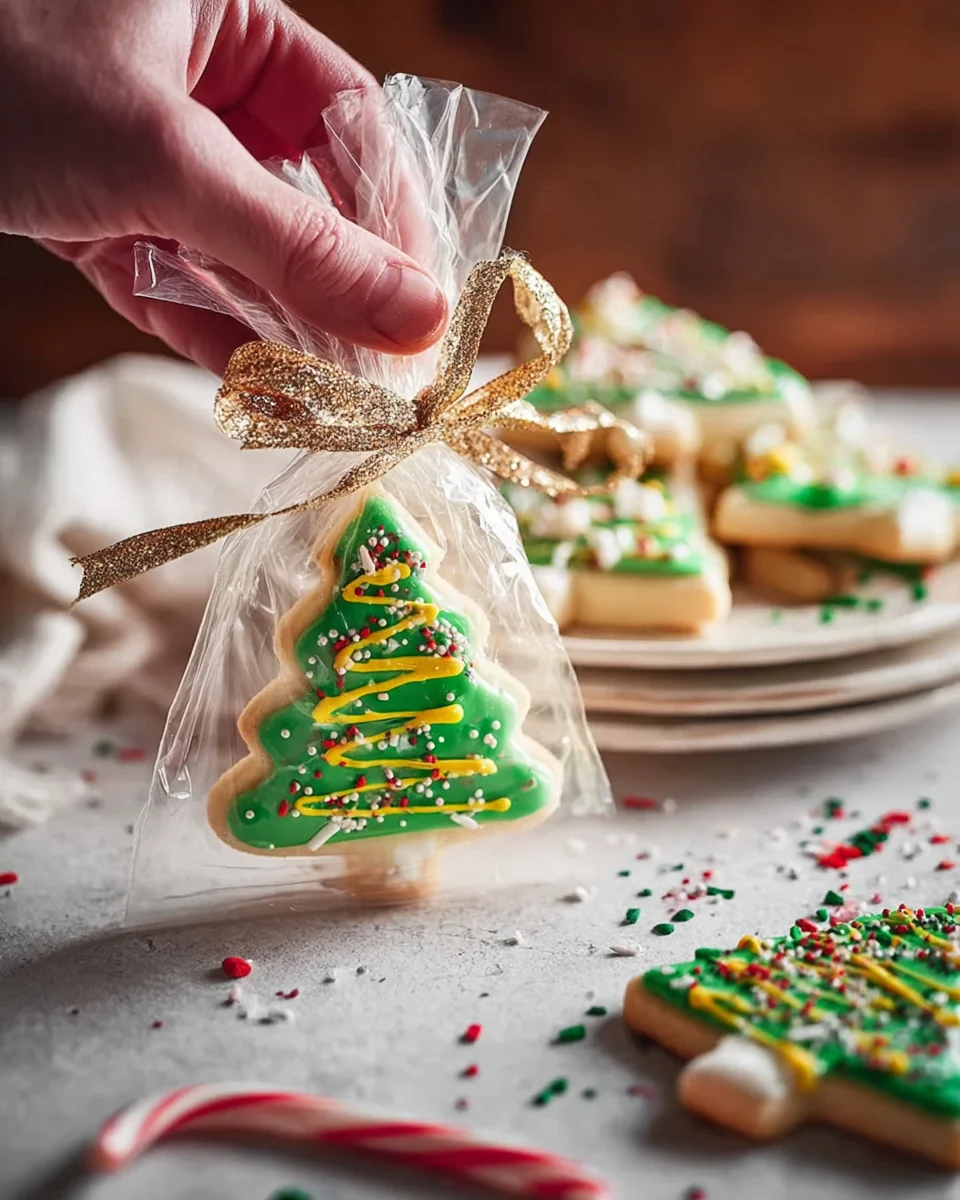 Someone holding gift wrapped Christmas tree cookies.