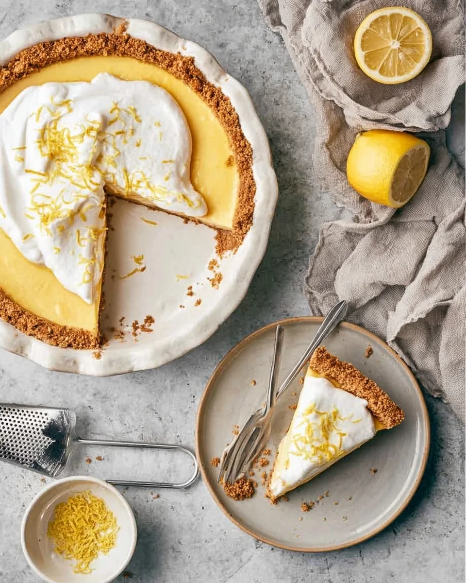 A slice of lemon pie on a plate, which has been taken from a pie dish with the remaining pie still in it.