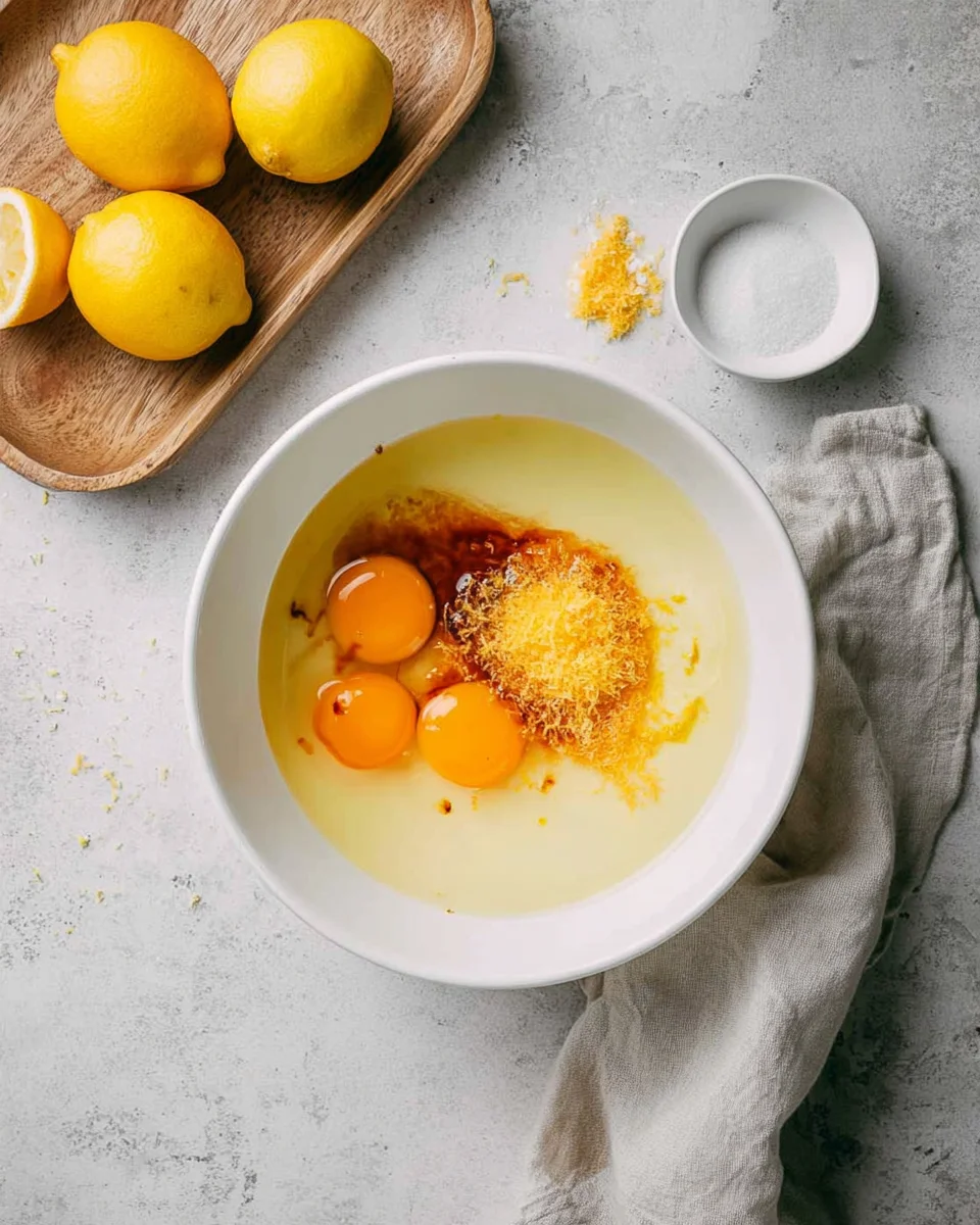 Egg yolks, vanilla extract, and lemon juice in a mixing bowl.