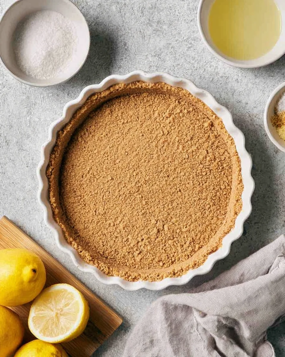 Graham cracker crust in a ceramic pie dish.