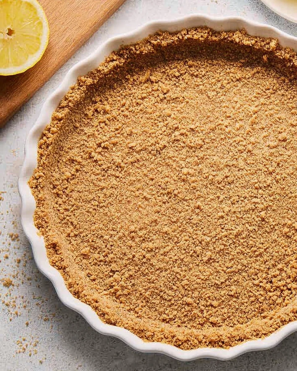 Close up of a Graham cracker crust in a white pie dish.