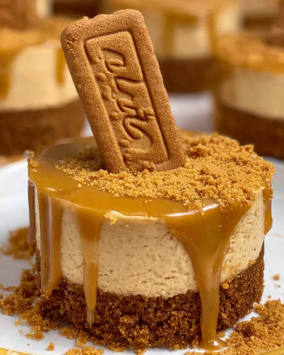 A close up of a delicious individual Biscoff cheesecake, with a base made from lotus biscuits, a creamy cheesecake filling and a lotus biscuit stuck into the top of the cheesecake.
