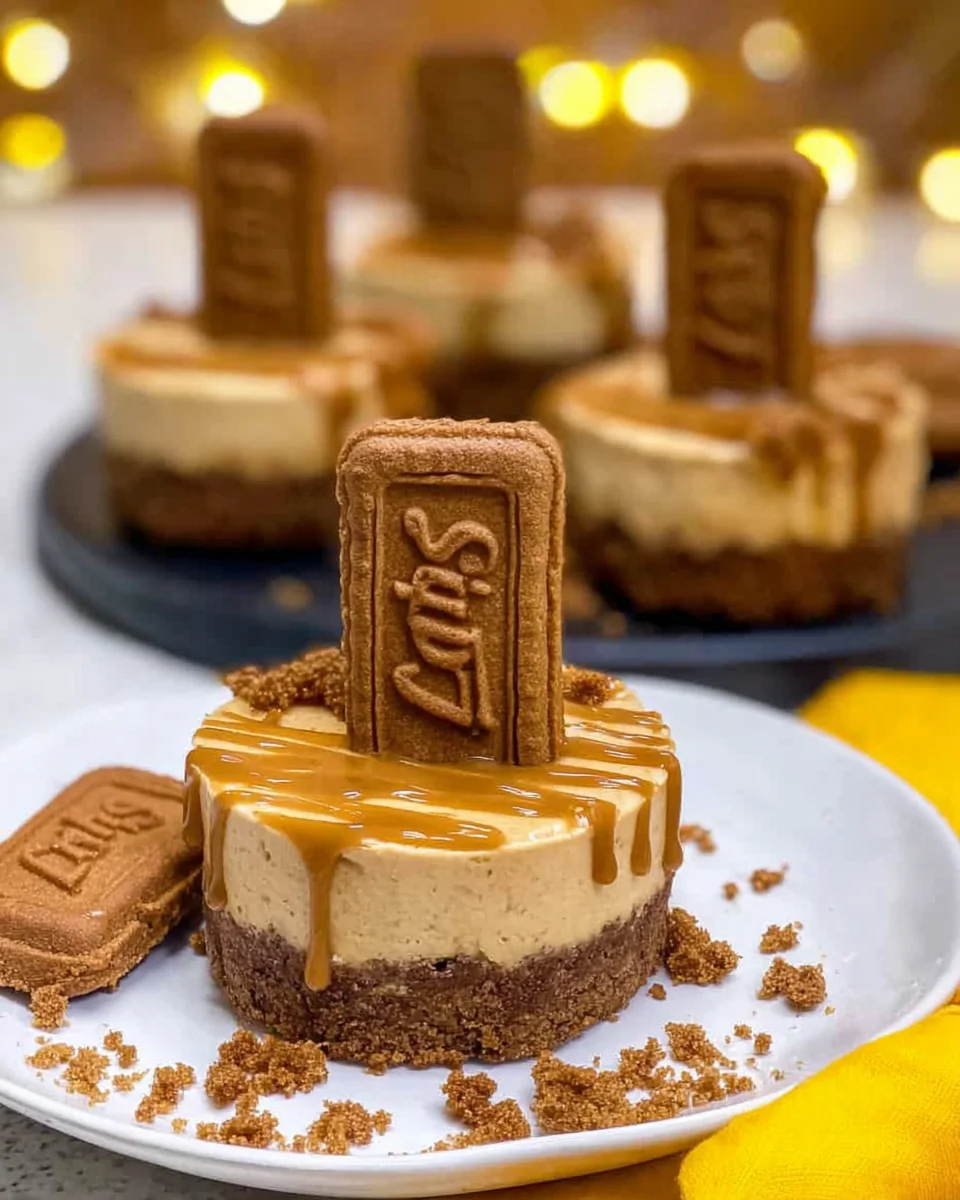 A number of individual cheesecakes made with Biscoff, all ready to eat.
