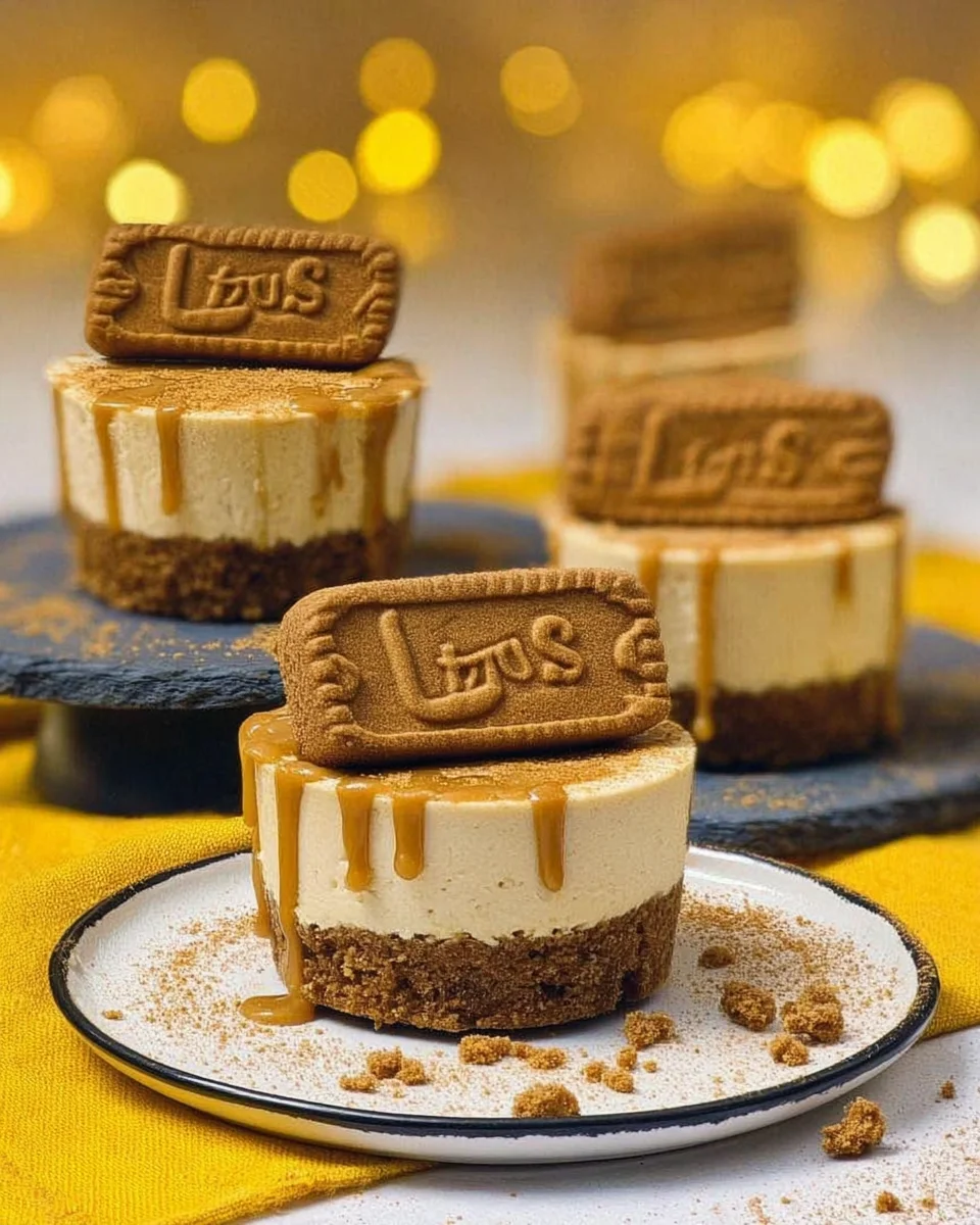 Tasty single portion Biscoff  cheesecake made with Boscoff with a Biscoff biscuit coming out of each cheesecake