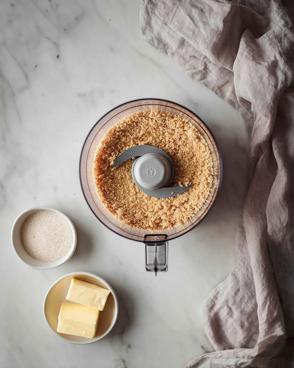 Graham cracker crumbs in a food processor.