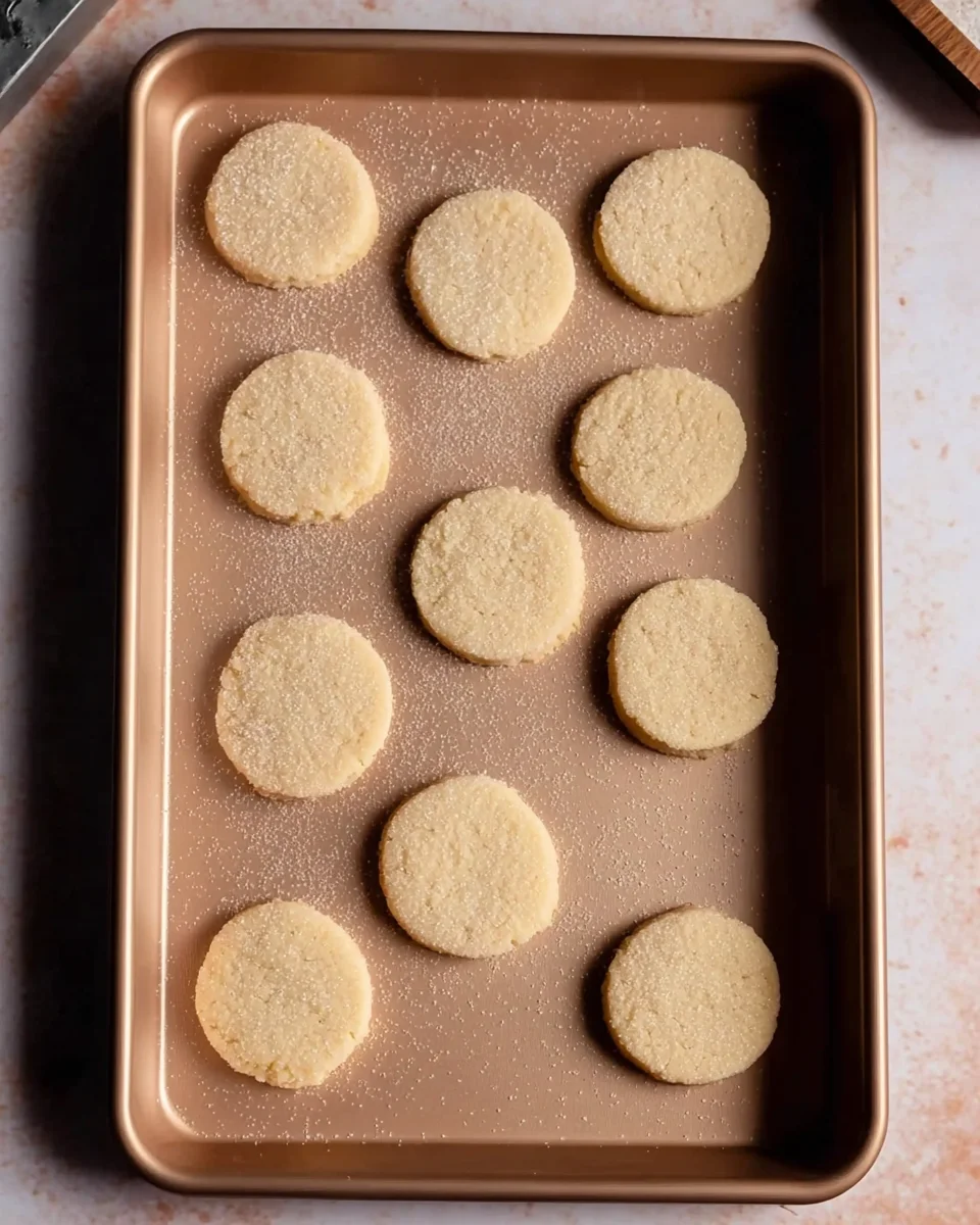 A baking sheet with sugar cookies on it.