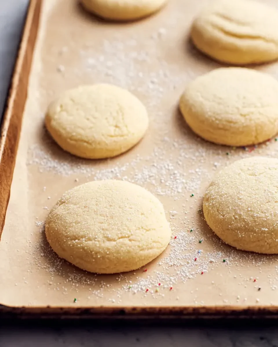 Sugar cookies on a baking sheet.