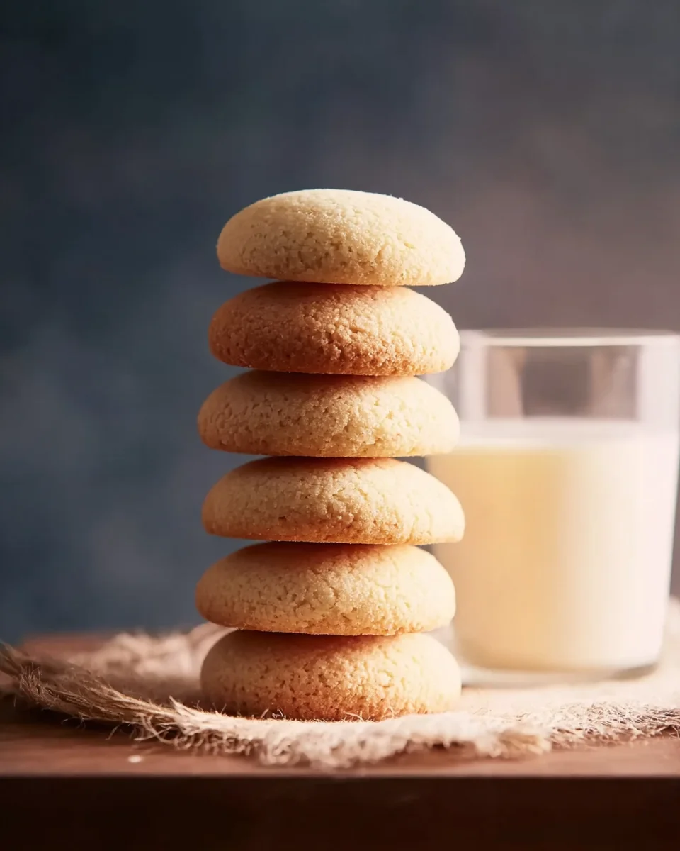 A stack of cookies next to a glass of milk.
