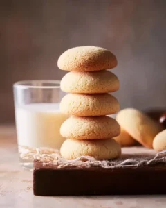 A stack of cookies next to a glass of milk.