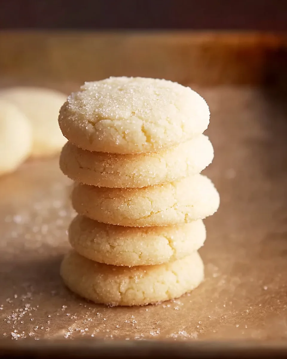 A stack of sugar cookies on a baking sheet.