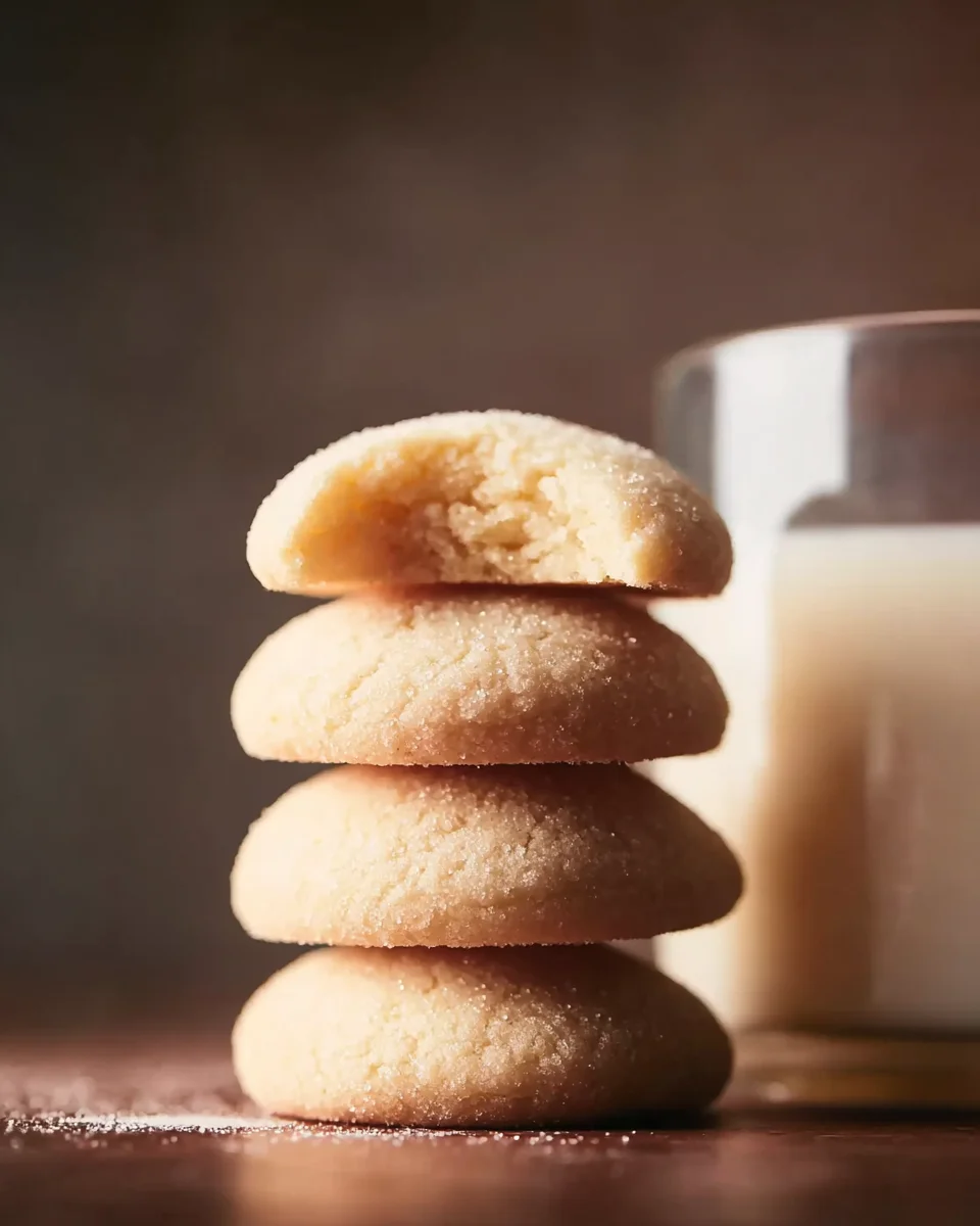 A stack of cookies next to a glass of milk.