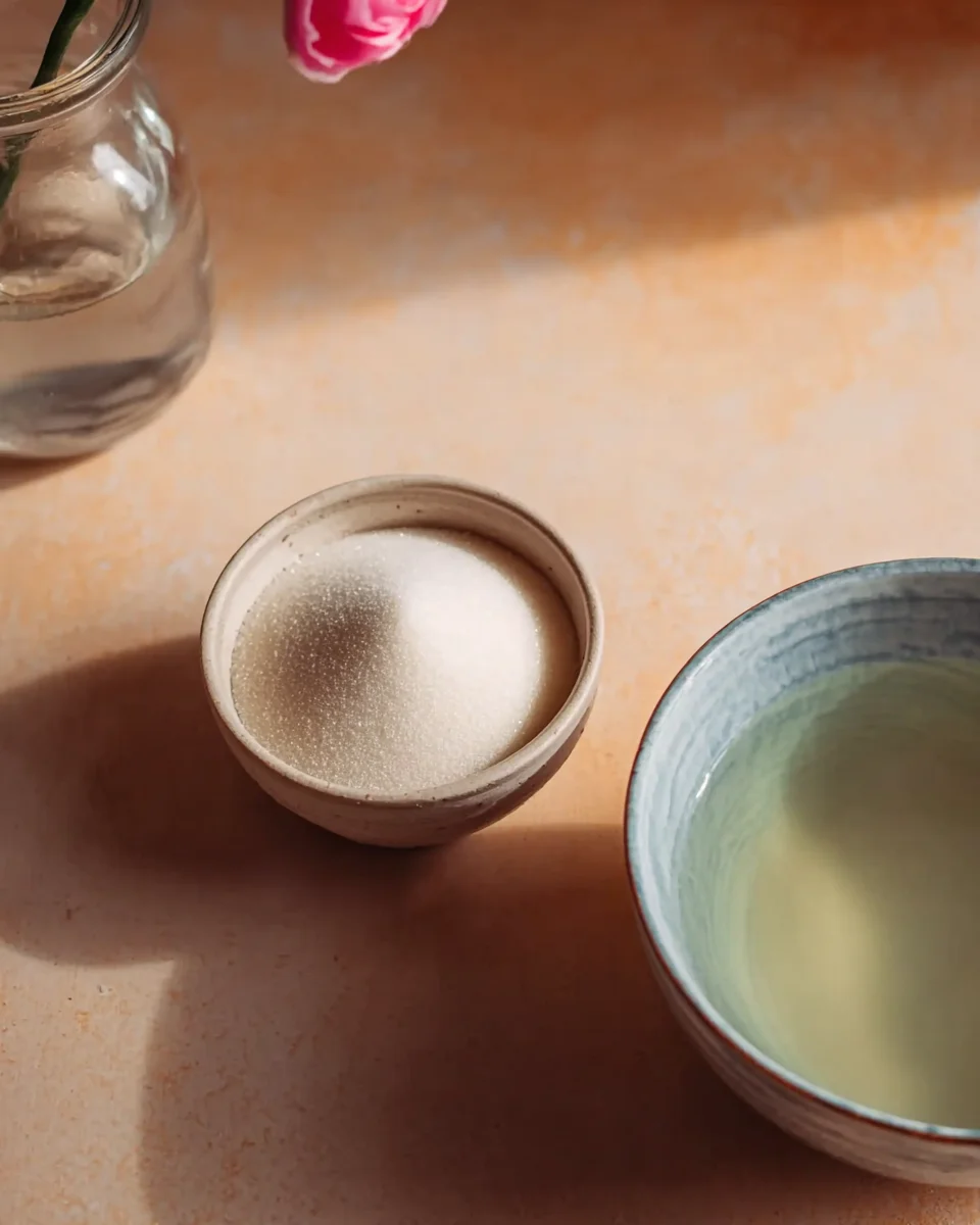 A bowl of sugar and a bowl of water on a table.