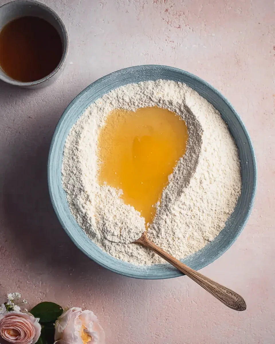 A bowl of egg and flour in a bowl next to a spoon.