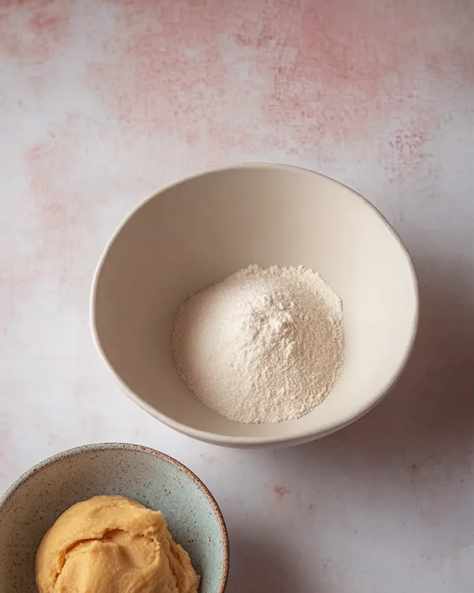 A white bowl with a bowl of sugar and a bowl of flour.